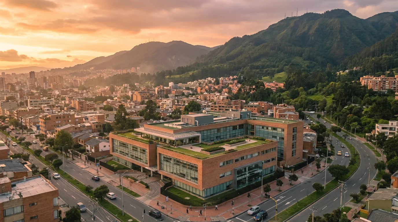 Bogotá, Colombia at golden hour with the Andes behind the city
